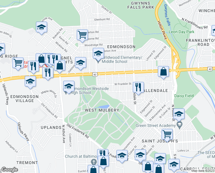map of restaurants, bars, coffee shops, grocery stores, and more near 419 North Loudon Avenue in Baltimore