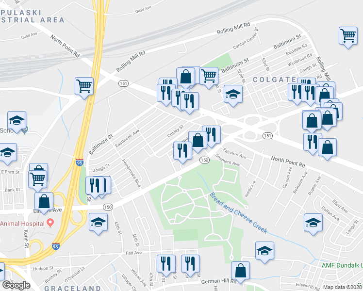 map of restaurants, bars, coffee shops, grocery stores, and more near 7257 Bridgewood Drive in Baltimore