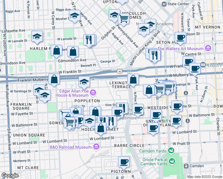 map of restaurants, bars, coffee shops, grocery stores, and more near 751 West Saratoga Street in Baltimore