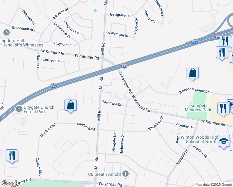 map of restaurants, bars, coffee shops, grocery stores, and more near 613 Norborne Drive in Cincinnati