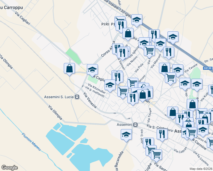 map of restaurants, bars, coffee shops, grocery stores, and more near 119 Via Trieste in Assemini