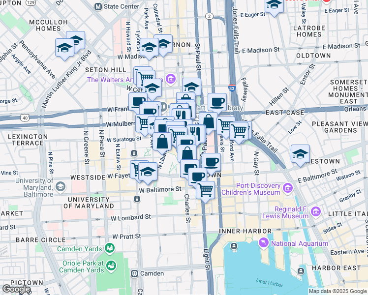 map of restaurants, bars, coffee shops, grocery stores, and more near N Charles St & W Saratoga St in Baltimore