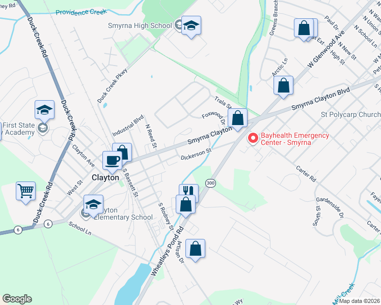 map of restaurants, bars, coffee shops, grocery stores, and more near 107 Dickerson Street in Clayton