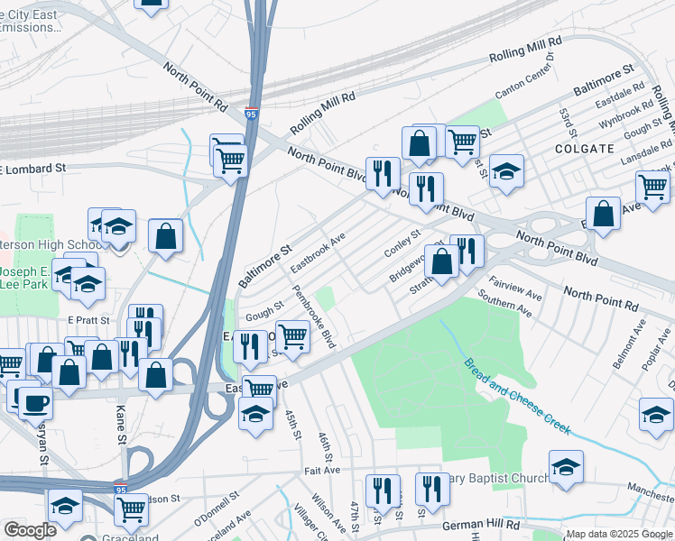 map of restaurants, bars, coffee shops, grocery stores, and more near 7159 Gough Street in Baltimore