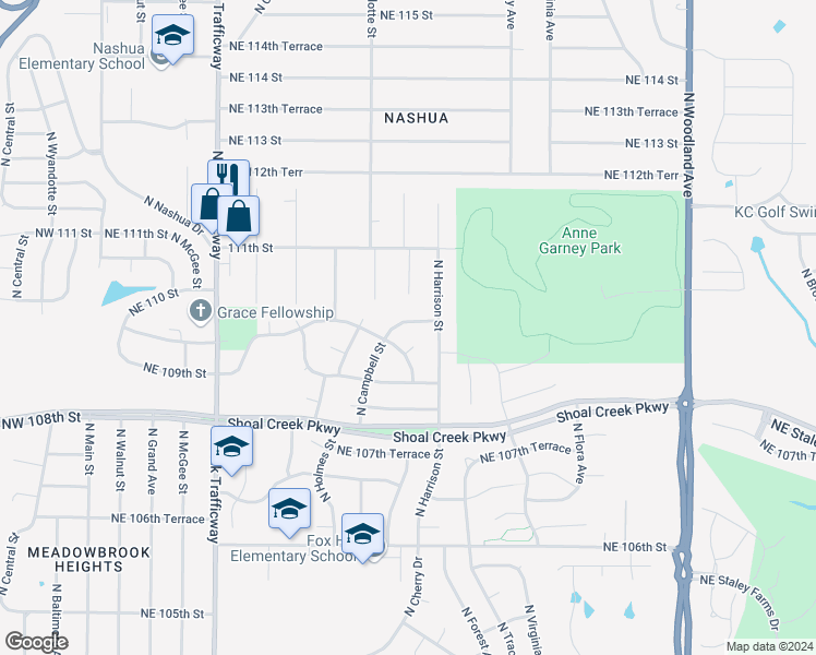 map of restaurants, bars, coffee shops, grocery stores, and more near 911 Northeast 109th Terrace in Kansas City