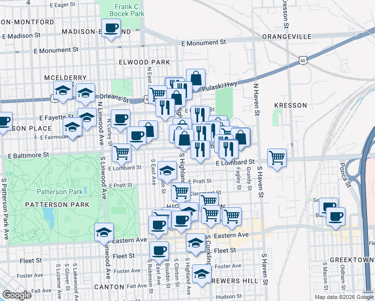 map of restaurants, bars, coffee shops, grocery stores, and more near 3413 East Baltimore Street in Baltimore