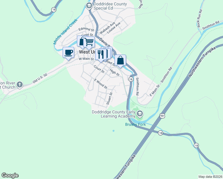 map of restaurants, bars, coffee shops, grocery stores, and more near 151 School Street in West Union