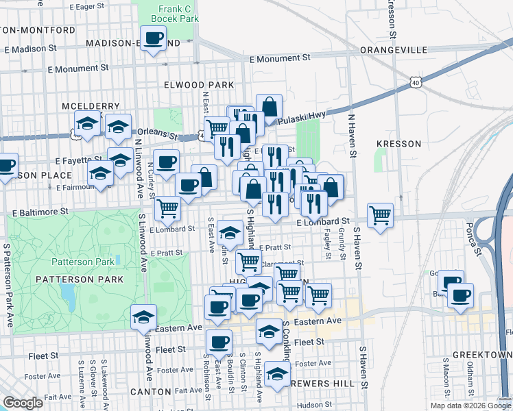 map of restaurants, bars, coffee shops, grocery stores, and more near 3409 East Baltimore Street in Baltimore
