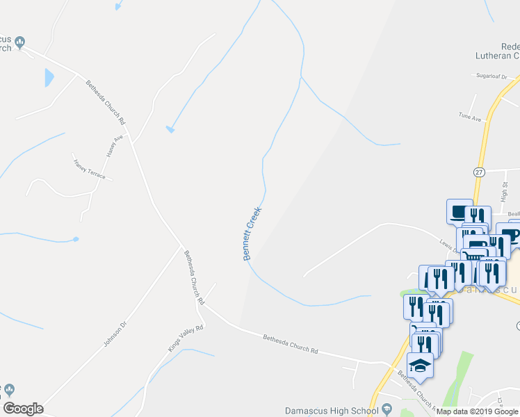 map of restaurants, bars, coffee shops, grocery stores, and more near 10701 Bethesda Church Road in Damascus