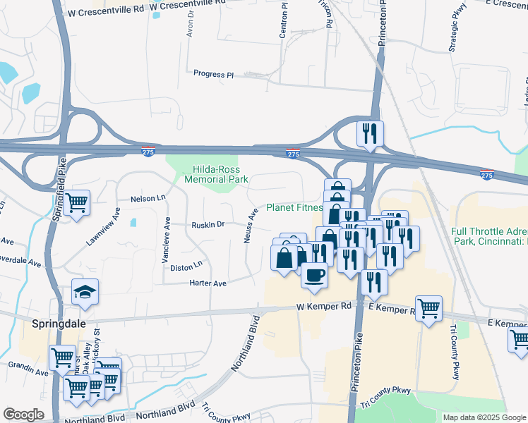 map of restaurants, bars, coffee shops, grocery stores, and more near 11808 Neuss Avenue in Cincinnati