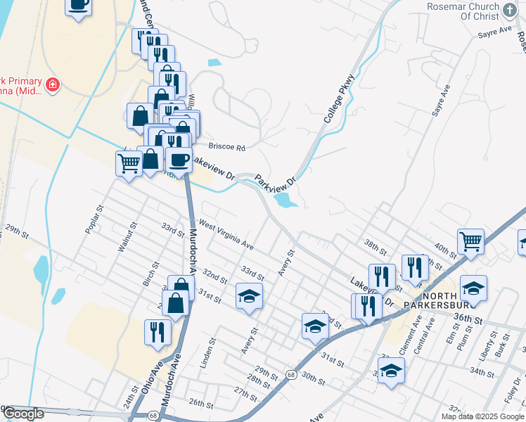 map of restaurants, bars, coffee shops, grocery stores, and more near 828 Lakeview Drive in Parkersburg