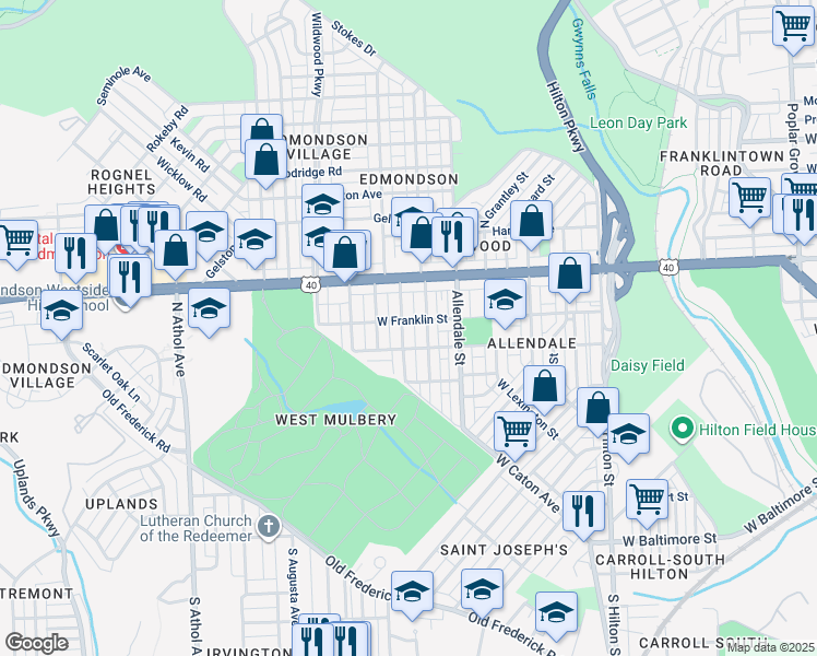 map of restaurants, bars, coffee shops, grocery stores, and more near 419 Lyndhurst Street in Baltimore