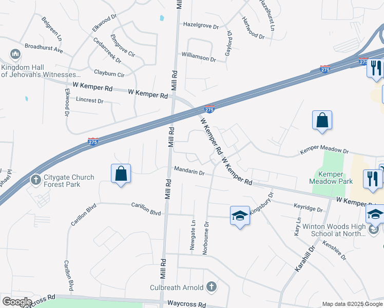 map of restaurants, bars, coffee shops, grocery stores, and more near 15 Norborne Drive in Cincinnati