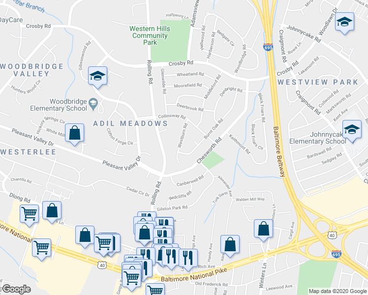 map of restaurants, bars, coffee shops, grocery stores, and more near 6120 Burnt Oak Road in Catonsville