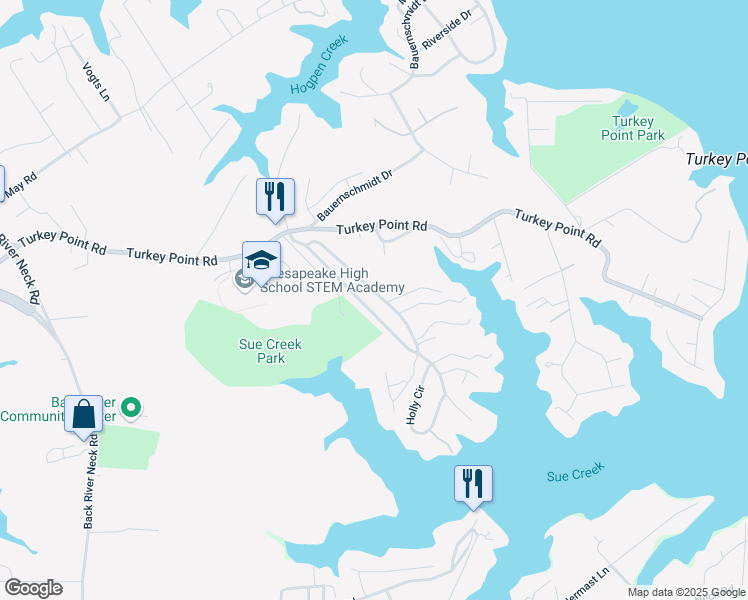 map of restaurants, bars, coffee shops, grocery stores, and more near 1940 Sue Creek Drive in Essex