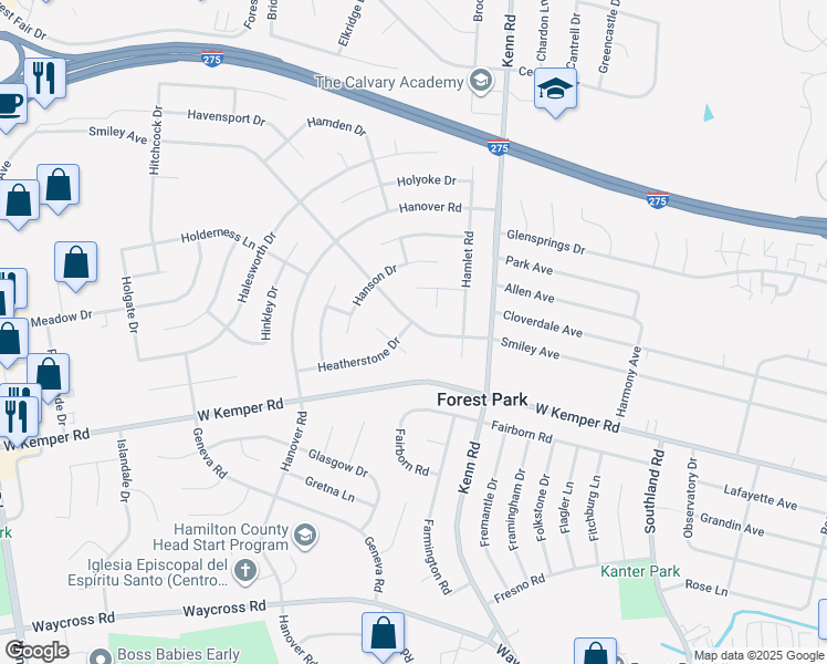 map of restaurants, bars, coffee shops, grocery stores, and more near 803 Heatherstone Drive in Cincinnati