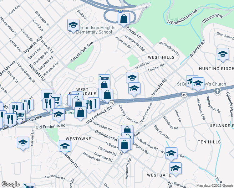 map of restaurants, bars, coffee shops, grocery stores, and more near 711 Charing Cross Road in Baltimore