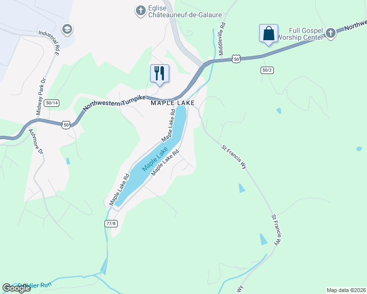 map of restaurants, bars, coffee shops, grocery stores, and more near 1457 Maple Lake Road in Bridgeport