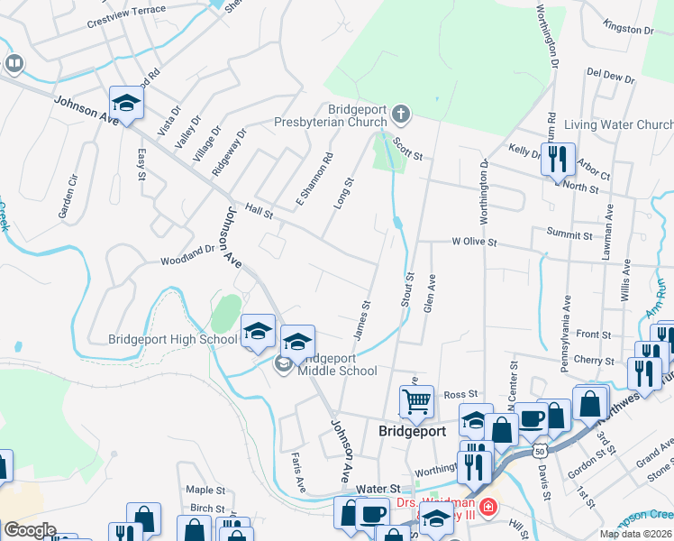 map of restaurants, bars, coffee shops, grocery stores, and more near 544 Ritter Street in Bridgeport