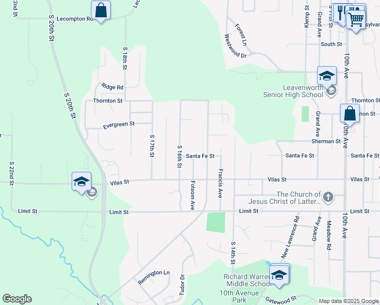 map of restaurants, bars, coffee shops, grocery stores, and more near 1512 Santa Fe Street in Leavenworth