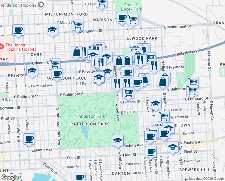 map of restaurants, bars, coffee shops, grocery stores, and more near 2820 East Baltimore Street in Baltimore