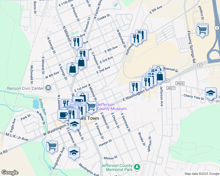 map of restaurants, bars, coffee shops, grocery stores, and more near 96 East Grant Court in Charles Town