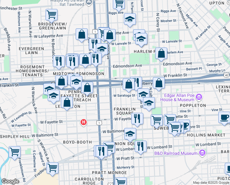 map of restaurants, bars, coffee shops, grocery stores, and more near 314 North Bruce Street in Baltimore