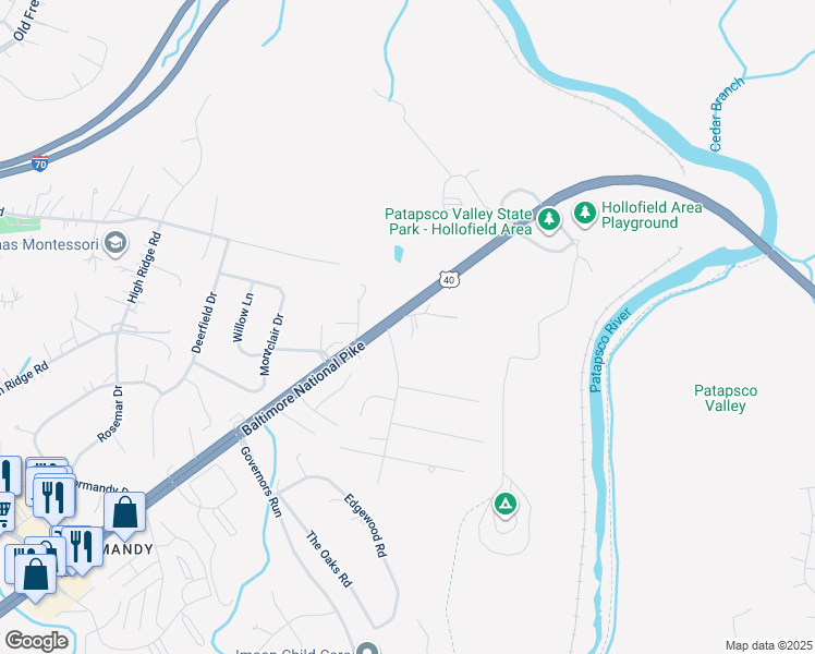 map of restaurants, bars, coffee shops, grocery stores, and more near 8113 Valley Lane in Ellicott City