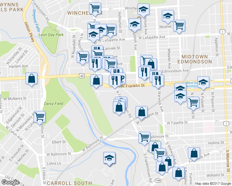 map of restaurants, bars, coffee shops, grocery stores, and more near 310 North Franklintown Road in Baltimore