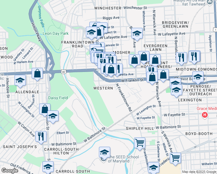 map of restaurants, bars, coffee shops, grocery stores, and more near 2831 West Mulberry Street in Baltimore