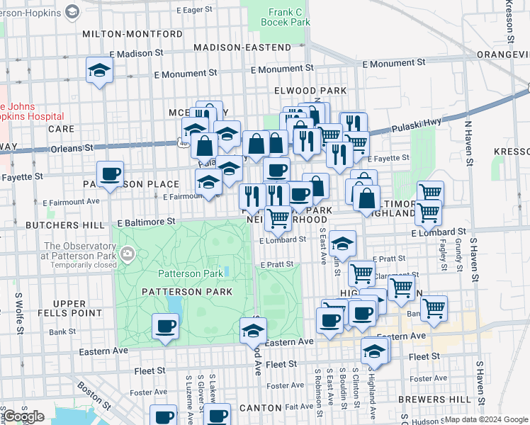 map of restaurants, bars, coffee shops, grocery stores, and more near 2922 East Baltimore Street in Baltimore