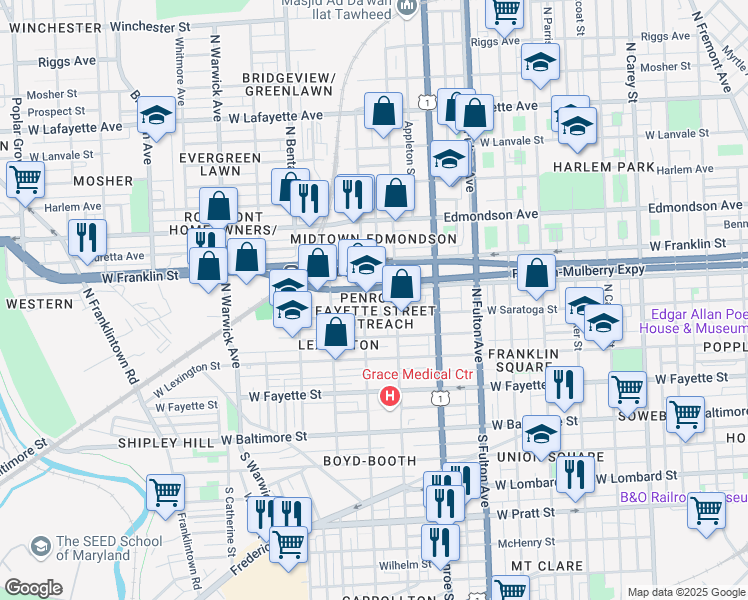 map of restaurants, bars, coffee shops, grocery stores, and more near 301 North Pulaski Street in Baltimore