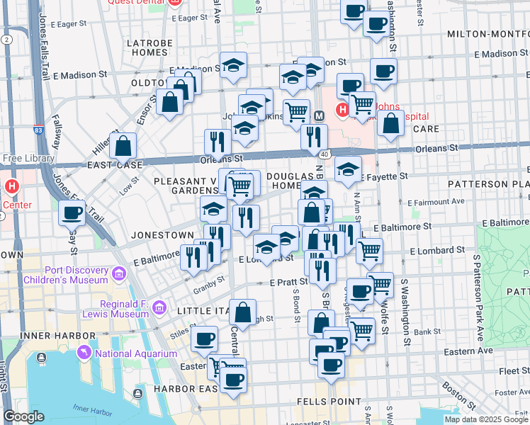 map of restaurants, bars, coffee shops, grocery stores, and more near 38 North Caroline Street in Baltimore