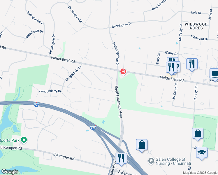 map of restaurants, bars, coffee shops, grocery stores, and more near 5910 Sovereign Drive in Cincinnati