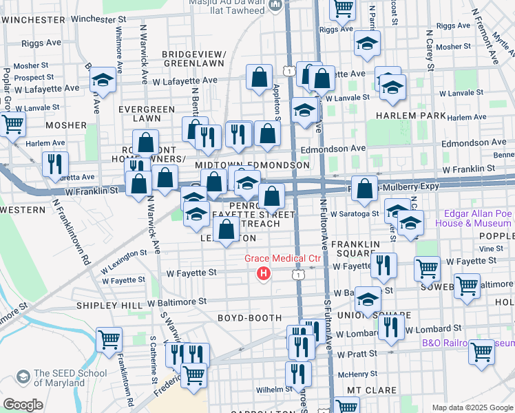 map of restaurants, bars, coffee shops, grocery stores, and more near 301 North Pulaski Street in Baltimore