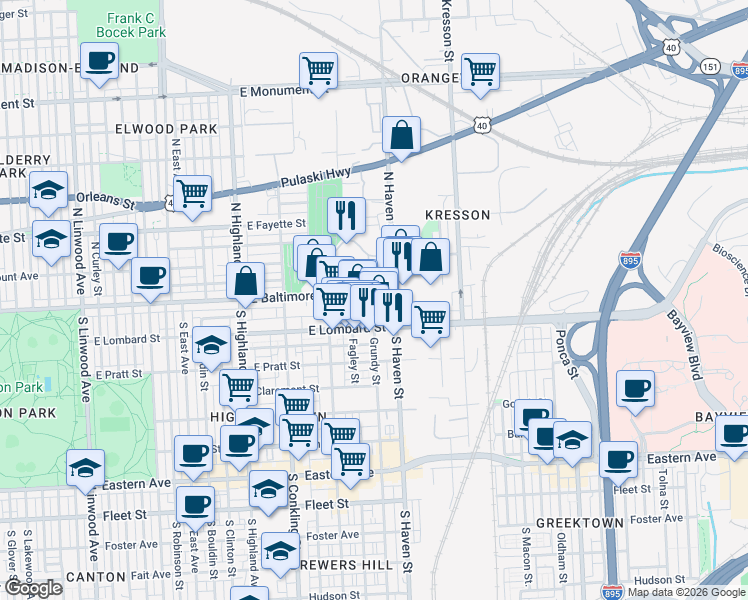 map of restaurants, bars, coffee shops, grocery stores, and more near 42 South Haven Street in Baltimore
