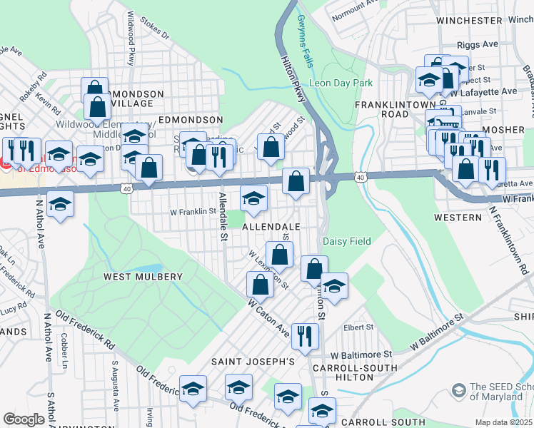 map of restaurants, bars, coffee shops, grocery stores, and more near 418 Edgewood Street in Baltimore