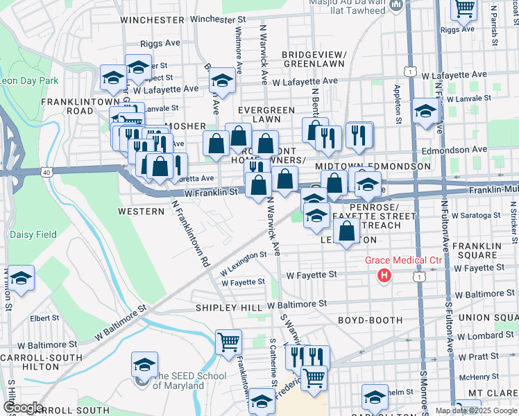 map of restaurants, bars, coffee shops, grocery stores, and more near 330 North Warwick Avenue in Baltimore