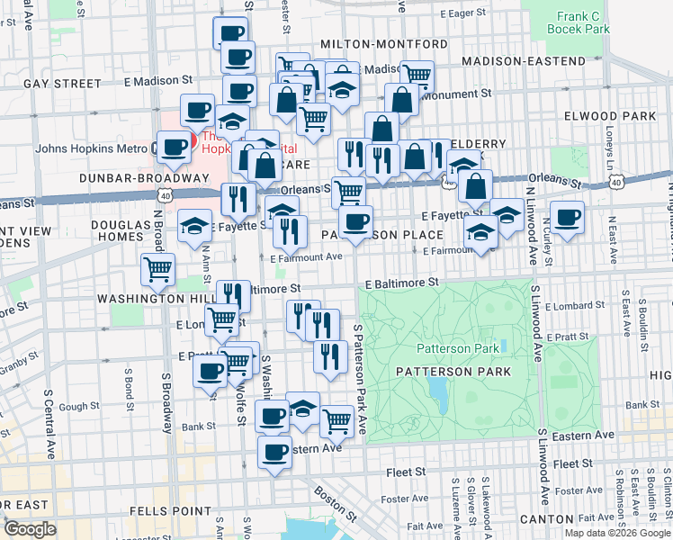 map of restaurants, bars, coffee shops, grocery stores, and more near 13 North Collington Avenue in Baltimore