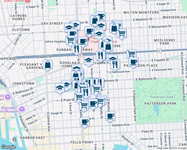 map of restaurants, bars, coffee shops, grocery stores, and more near 27 N Ann St in Baltimore