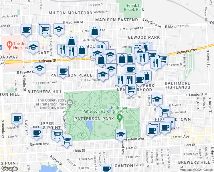 map of restaurants, bars, coffee shops, grocery stores, and more near 1 North Belnord Avenue in Baltimore