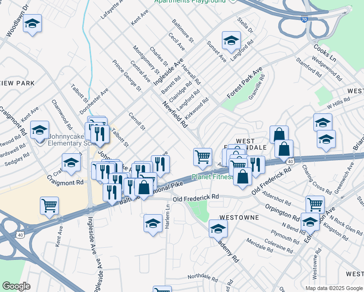 map of restaurants, bars, coffee shops, grocery stores, and more near 5612 Saint Marys Street in Woodlawn