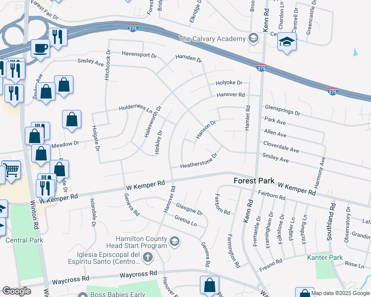 map of restaurants, bars, coffee shops, grocery stores, and more near 11670 Hollingsworth Way in Cincinnati