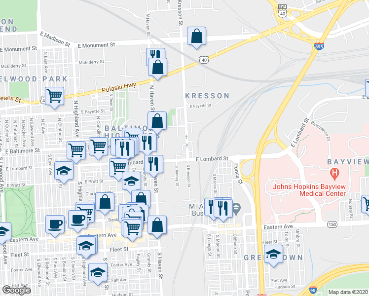 map of restaurants, bars, coffee shops, grocery stores, and more near 12 South Kresson Street in Baltimore