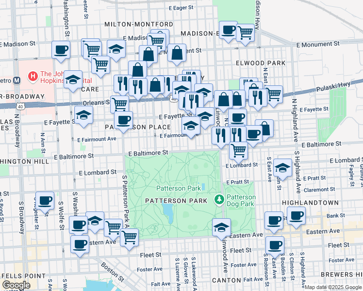 map of restaurants, bars, coffee shops, grocery stores, and more near 3 North Glover Street in Baltimore