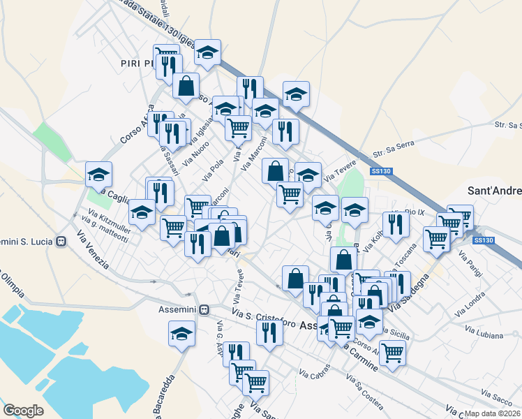 map of restaurants, bars, coffee shops, grocery stores, and more near 27/A Via Mandrolisai in Assemini