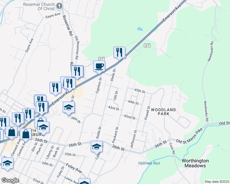 map of restaurants, bars, coffee shops, grocery stores, and more near 4403 Uhl Street in Parkersburg