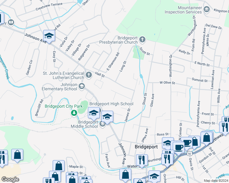 map of restaurants, bars, coffee shops, grocery stores, and more near 544 Ritter Street in Bridgeport