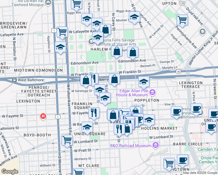 map of restaurants, bars, coffee shops, grocery stores, and more near 309 North Calhoun Street in Baltimore