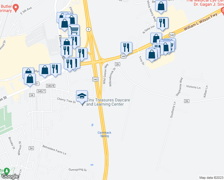 map of restaurants, bars, coffee shops, grocery stores, and more near 211 Willowbrook Drive in Charles Town